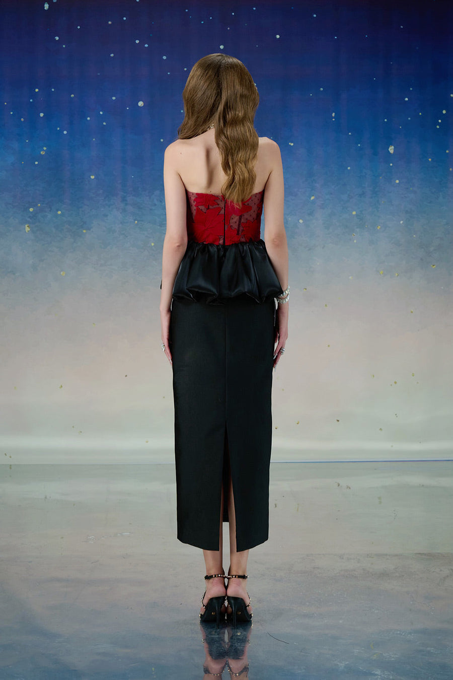 Asteria Peplum Straight Across Neck Mesh Taffeta Midi Dress Midi Dress Calista de Minh Thanh