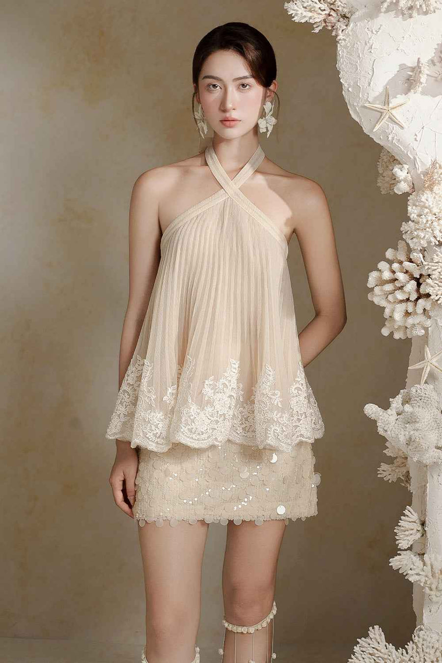 Julia Babydoll Halter Neck Crinkle Organza Top
