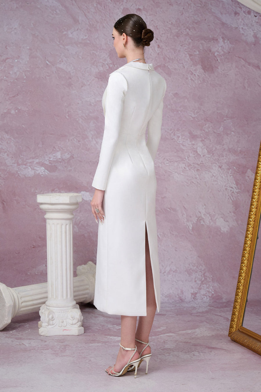 Gleamy Pencil Cowl Neck Silk Satin Calf Length Dress Midi Dress Calista de Minh Thanh