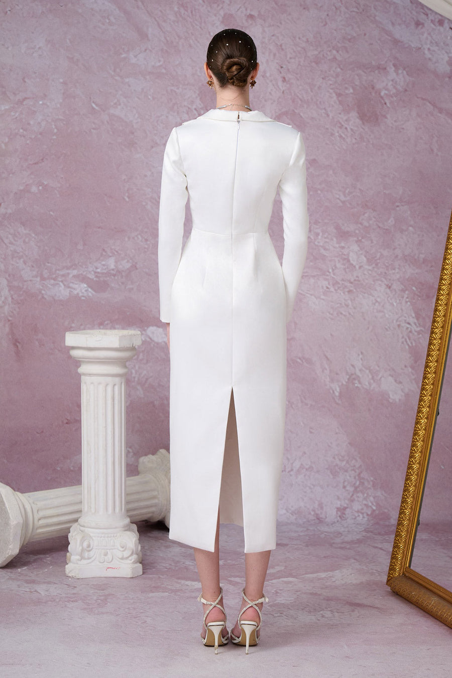 Gleamy Pencil Cowl Neck Silk Satin Calf Length Dress Midi Dress Calista de Minh Thanh