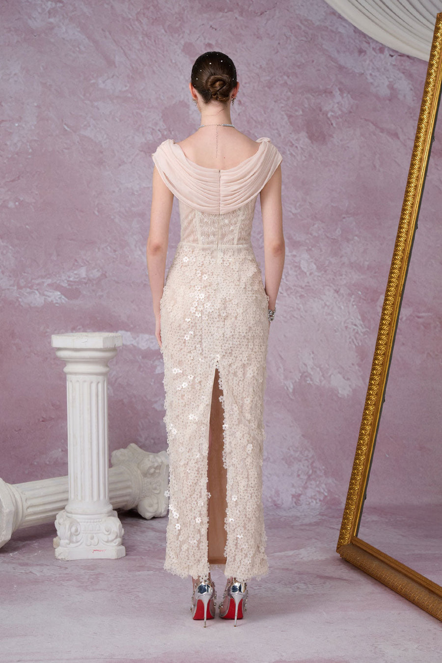 Solviva Sheath Cowl Neck Mesh Lace Ankle Length Dress Gown Dress Calista de Minh Thanh
