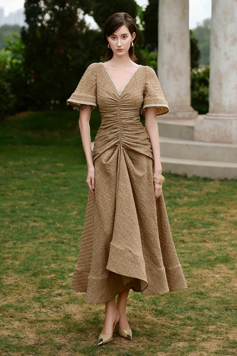 Isla V-Neck Gathering Midi Dress 1