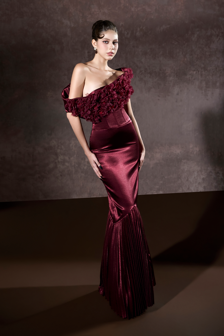 Malika Pleated Mermaid Formal Gown With 3D Floral Accent 1