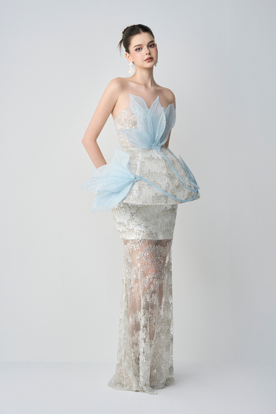 Snow-whisper Bandeau Corset Maxi Dress With 3D Petal Layers 1