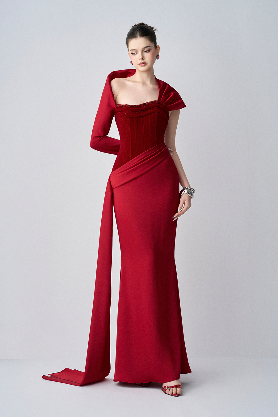 Julia Strapless Corset Maxi Dress With One Sleeve Draped Scarf 1