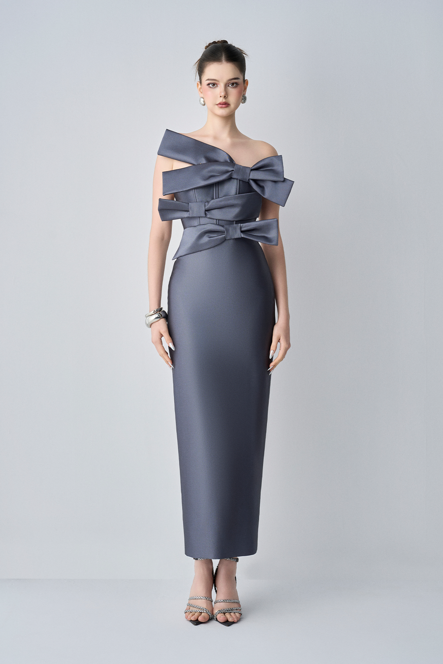 Cindra Couture Bandeau 3D Bows Maxi Dress 1
