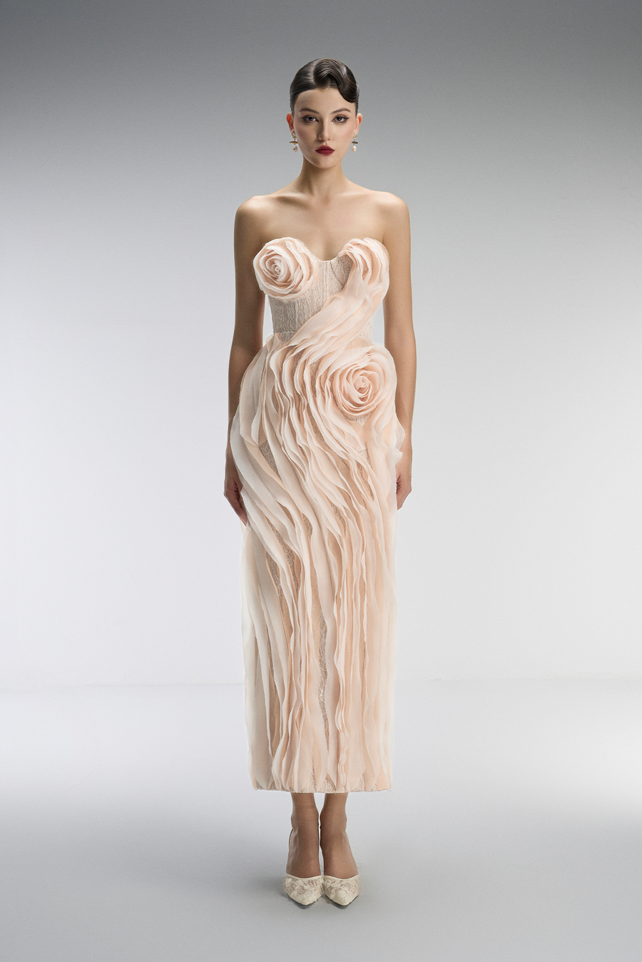 Ember Couture Dual Style Bandeau Layered 3D Roses Maxi Dress With Veil 1