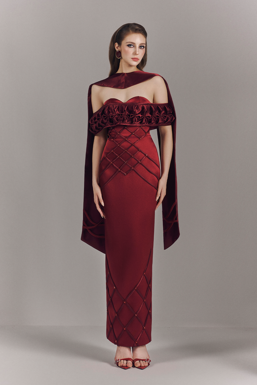 Aurelia Off Shoulder Hand-Smocked Maxi Dress With Neck Scarf 1