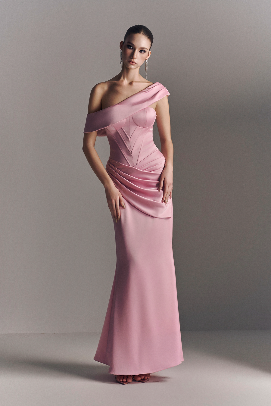 Mira Asymmetric Off Shoulder Draped Maxi Dress 1