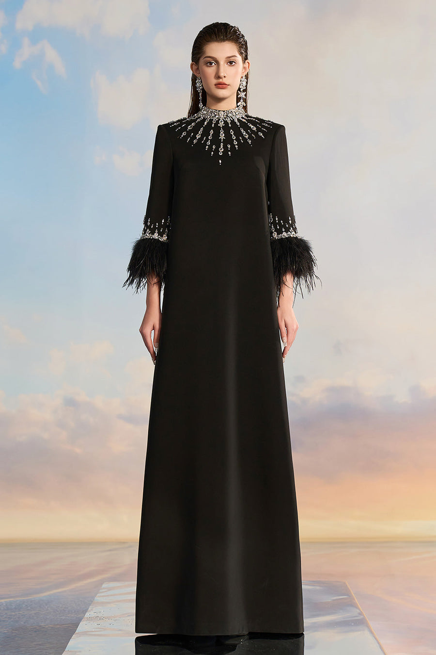 Orabelle Trapezoid 3/4 Sleeved Crepe Floor Length Dress Gown Dress 21Six