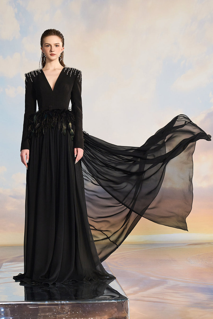 Victoria Gathered Plunge Neck Chiffon Floor Length Dress Gown Dress 21Six