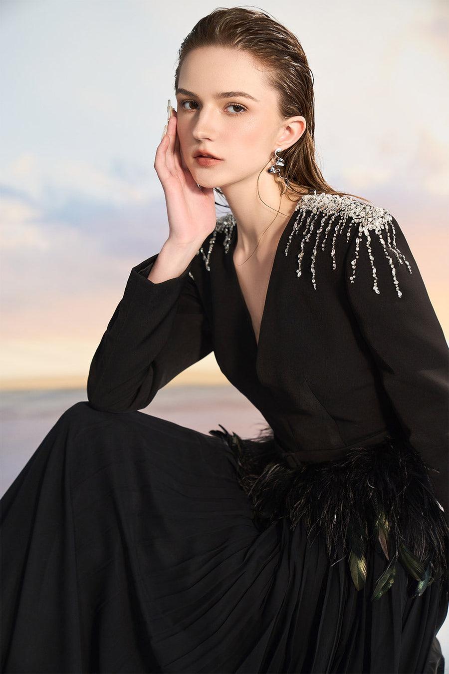 Victoria Gathered Plunge Neck Chiffon Floor Length Dress Gown Dress 21Six