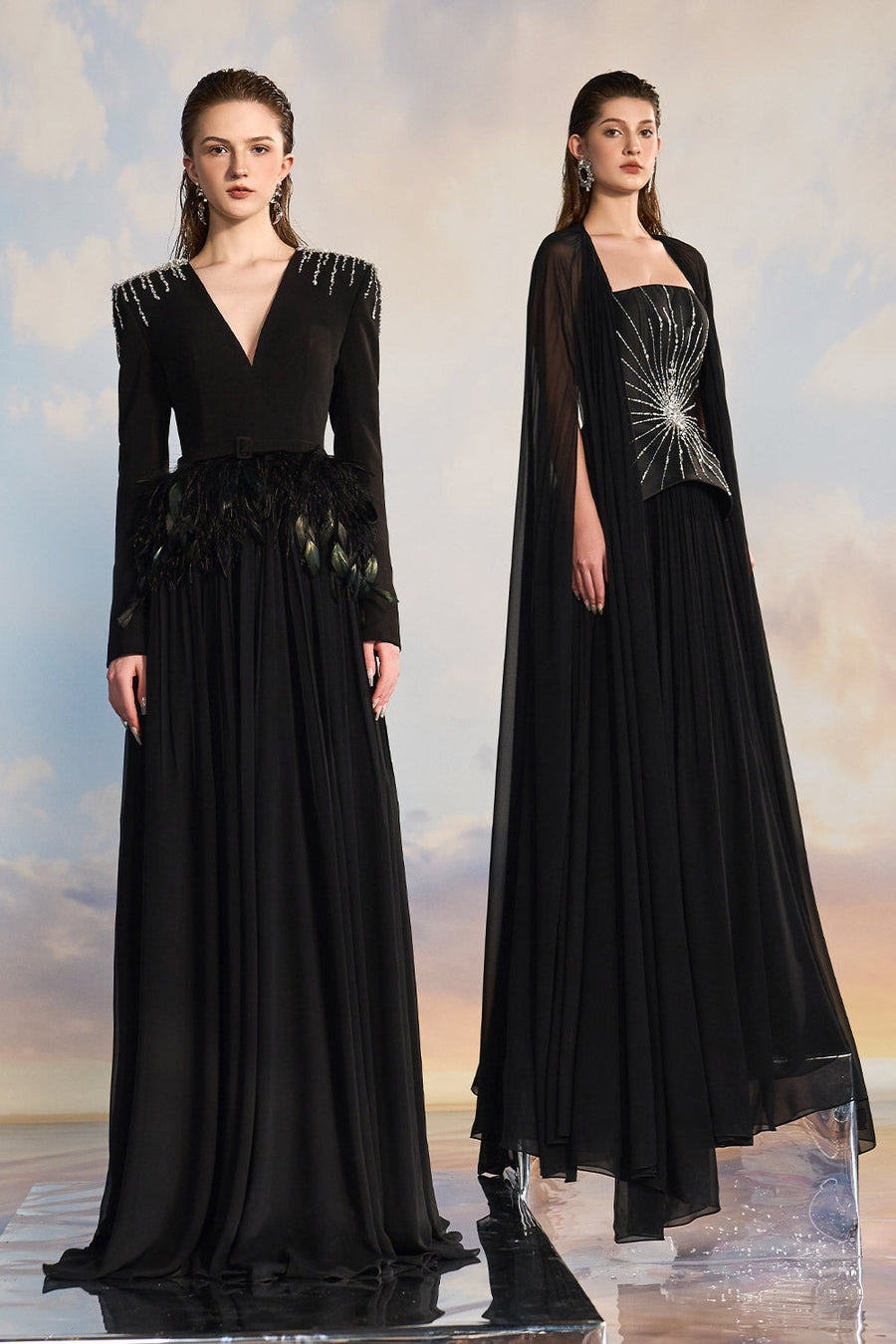 Victoria Gathered Plunge Neck Chiffon Floor Length Dress Gown Dress 21Six