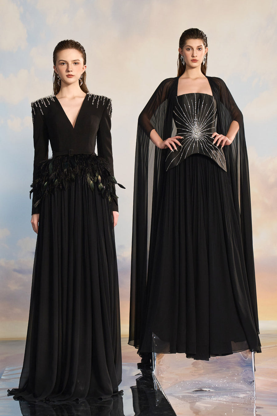 Victoria Gathered Plunge Neck Chiffon Floor Length Dress Gown Dress 21Six