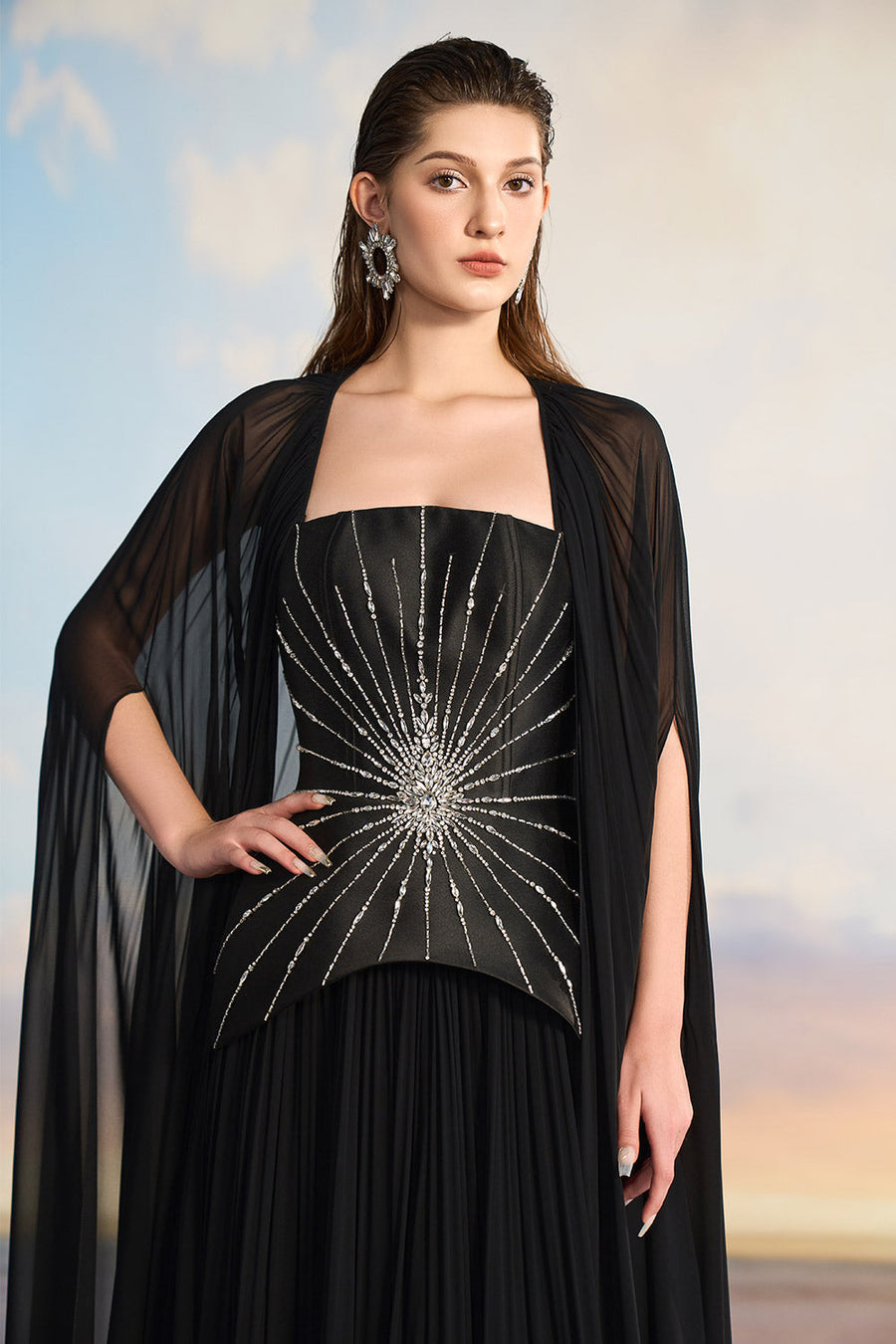 Rihanna Peplum Hanging Sleeved Taffeta Floor Length Set Gown Dress 21Six