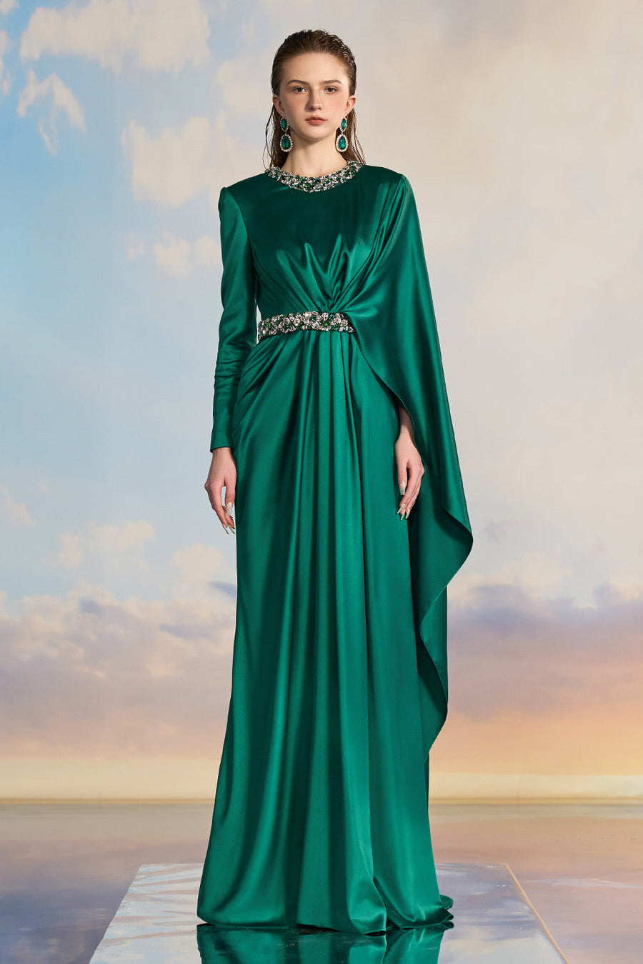 Aurelia A-line Asymmetric Sleeved Silk Satin Floor Length Dress Gown Dress 21Six