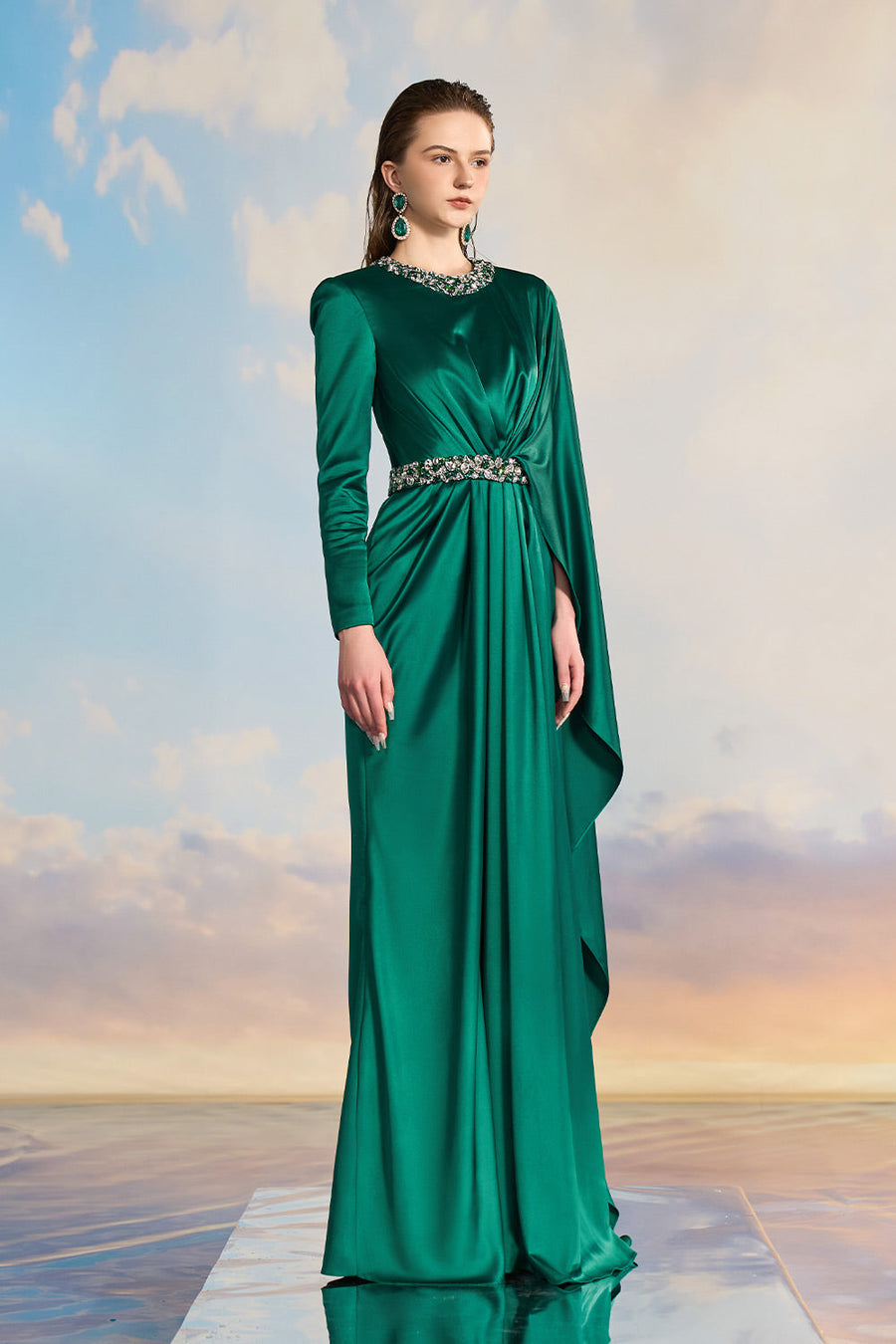 Aurelia A-line Asymmetric Sleeved Silk Satin Floor Length Dress Gown Dress 21Six