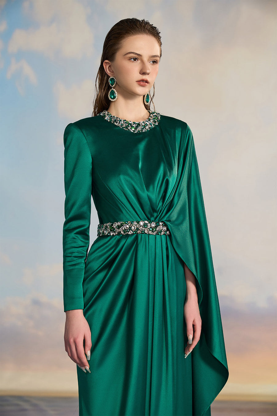Aurelia A-line Asymmetric Sleeved Silk Satin Floor Length Dress Gown Dress 21Six