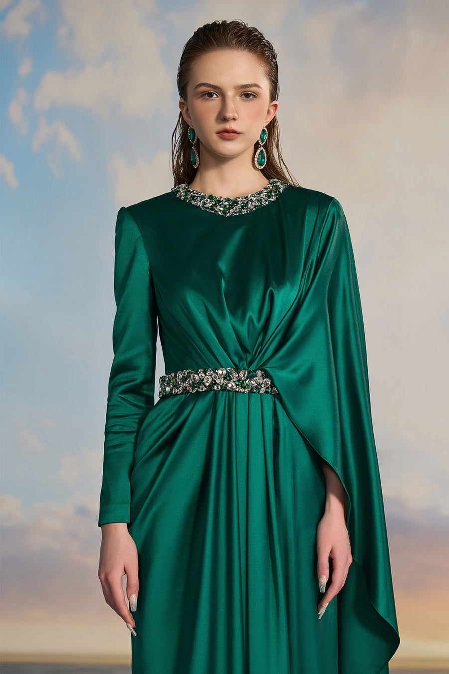 Aurelia A-line Asymmetric Sleeved Silk Satin Floor Length Dress Gown Dress 21Six