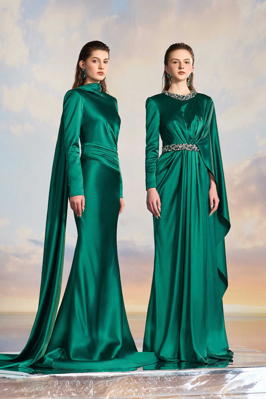 Aurelia A-line Asymmetric Sleeved Silk Satin Floor Length Dress Gown Dress 21Six
