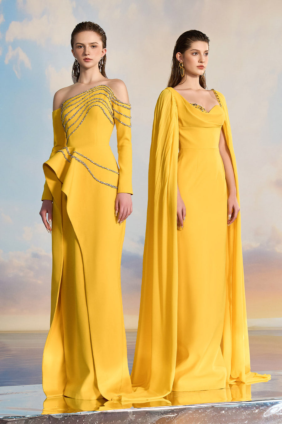 Elysia Asymmetric Illusion Neck Crepe Floor Length Dress Gown Dress 21Six