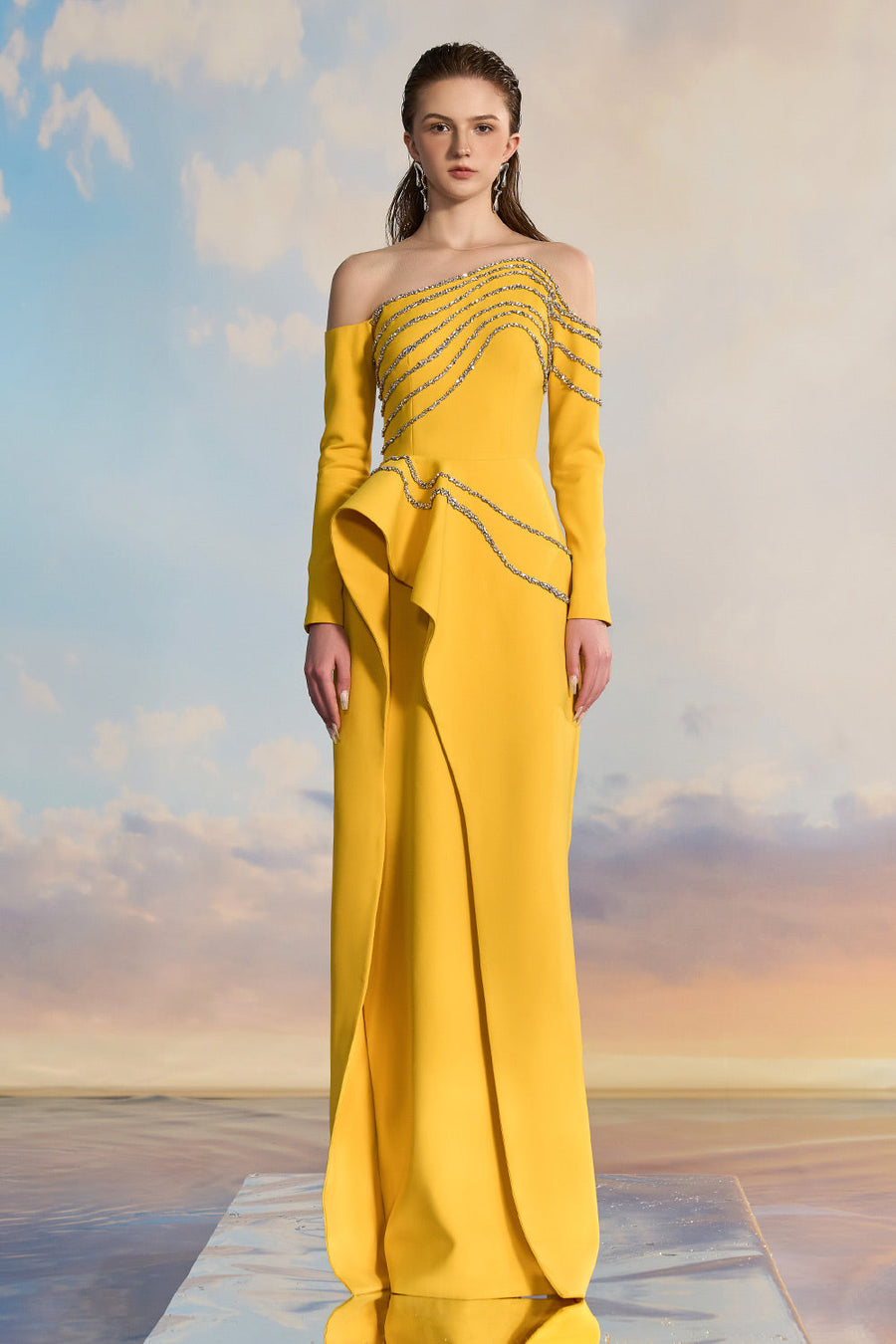 Elysia Asymmetric Illusion Neck Crepe Floor Length Dress Gown Dress 21Six