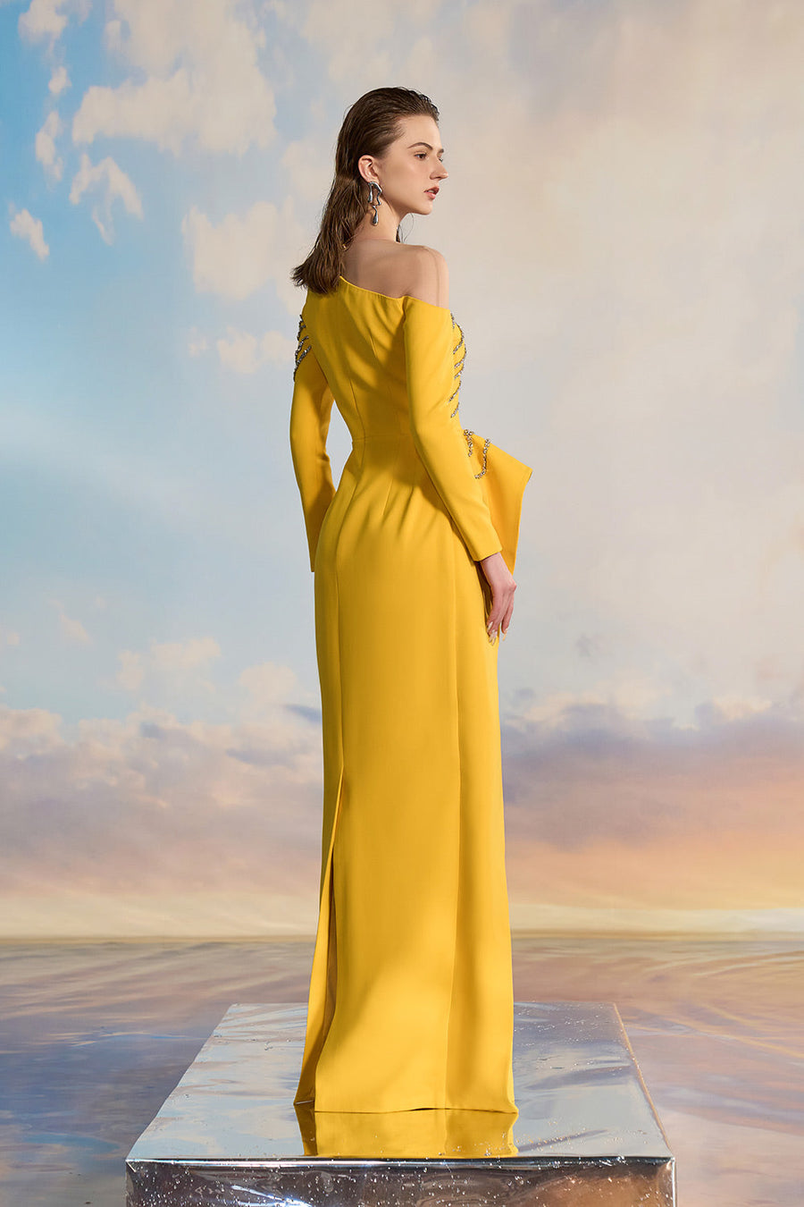 Elysia Asymmetric Illusion Neck Crepe Floor Length Dress Gown Dress 21Six