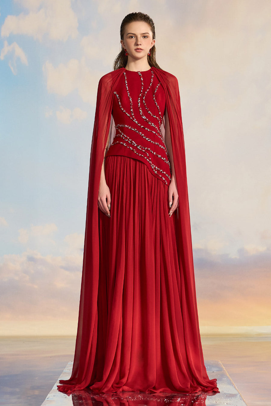 Kerenza Gathered Cape Sleeved Chiffon Floor Length Dress Gown Dress 21Six