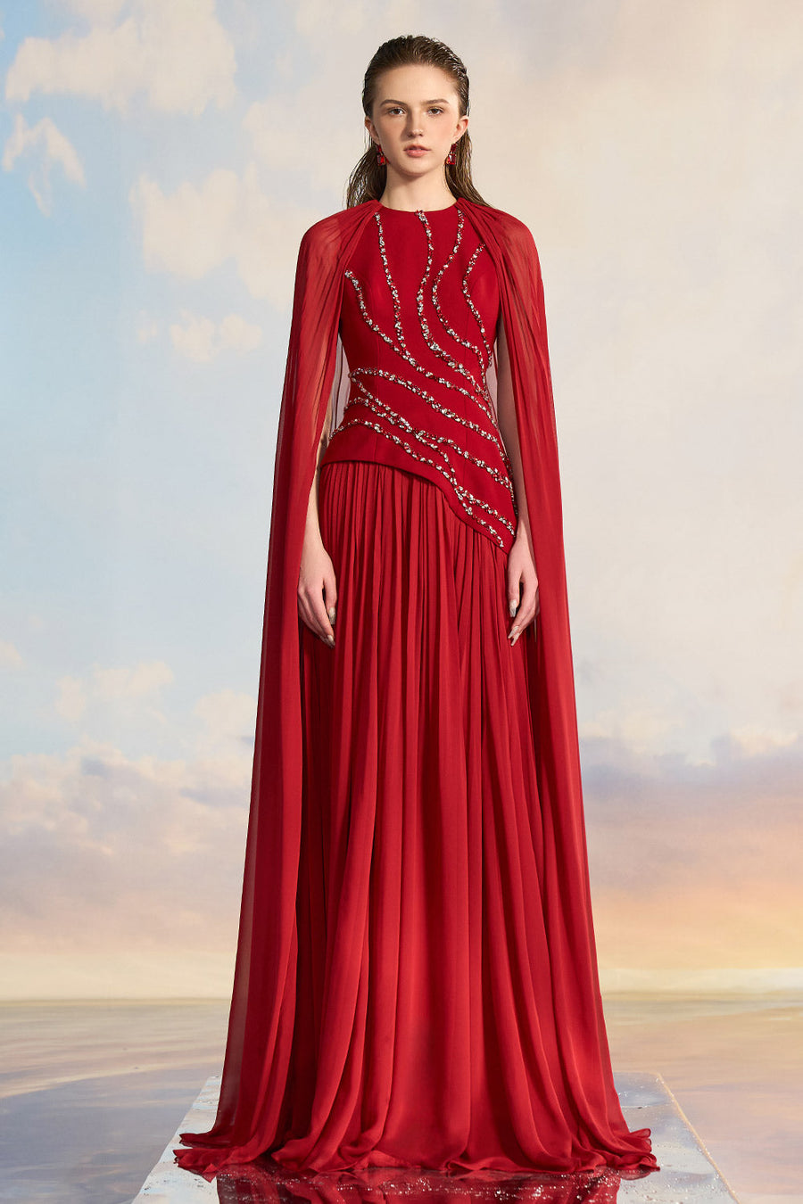 Kerenza Gathered Cape Sleeved Chiffon Floor Length Dress Gown Dress 21Six