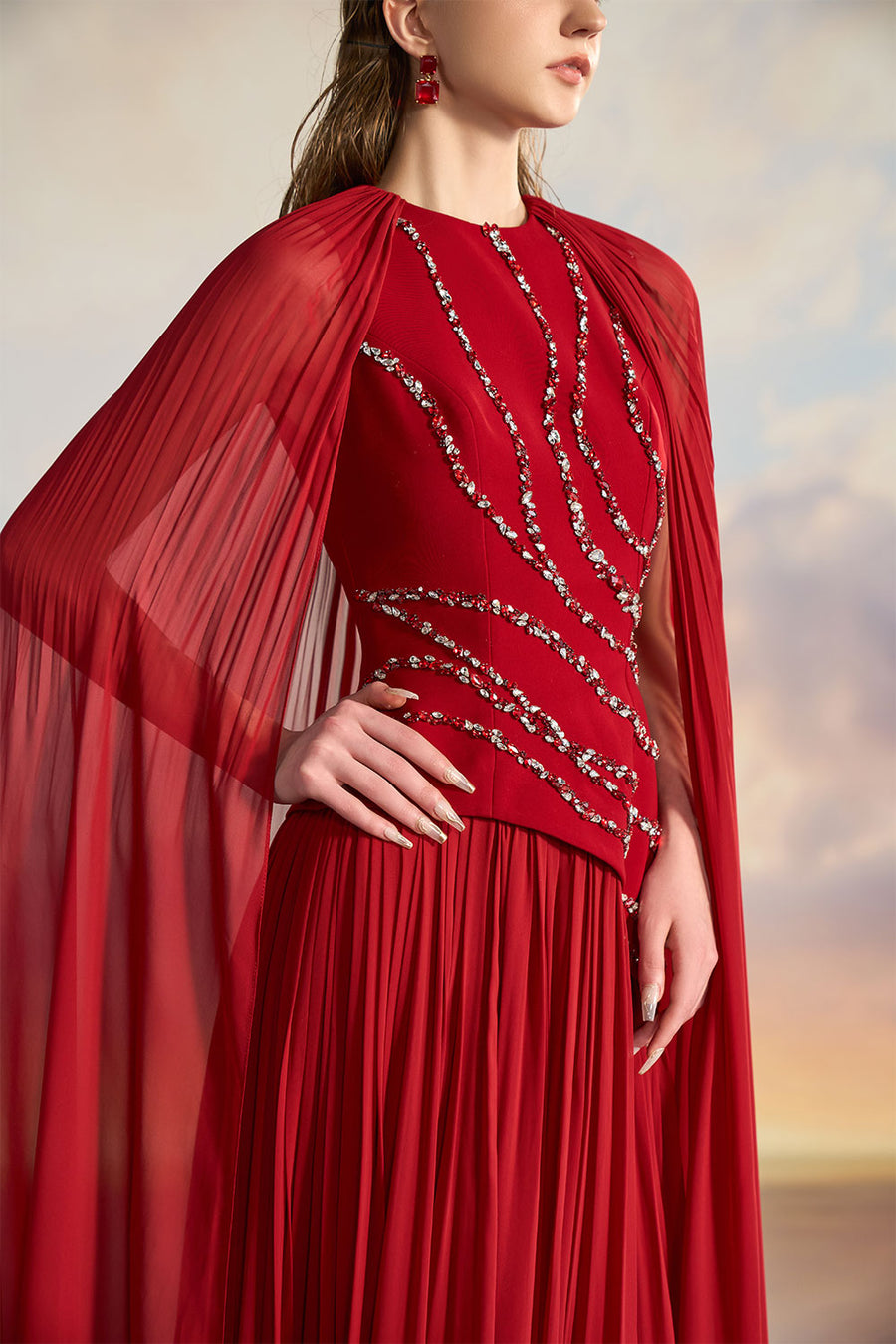 Kerenza Gathered Cape Sleeved Chiffon Floor Length Dress Gown Dress 21Six