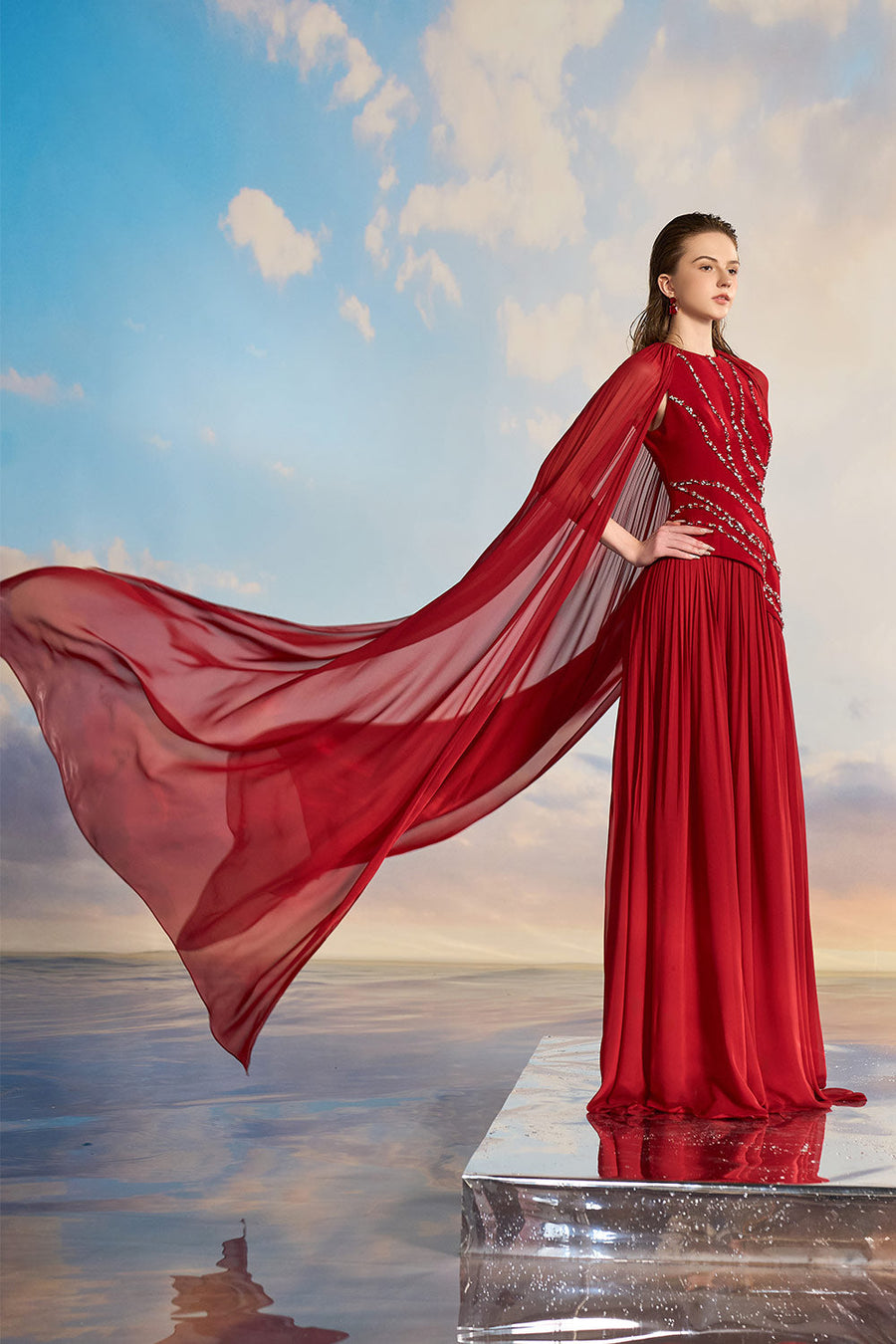Kerenza Gathered Cape Sleeved Chiffon Floor Length Dress Gown Dress 21Six