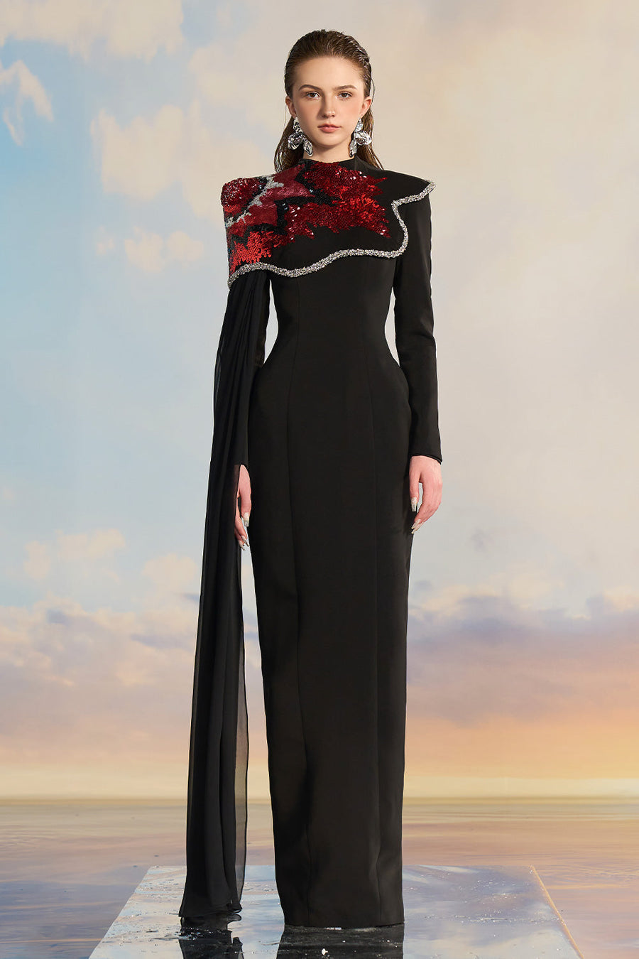 Keisha Asymmetric Sequin Crepe Floor Length Set Gown Dress 21Six