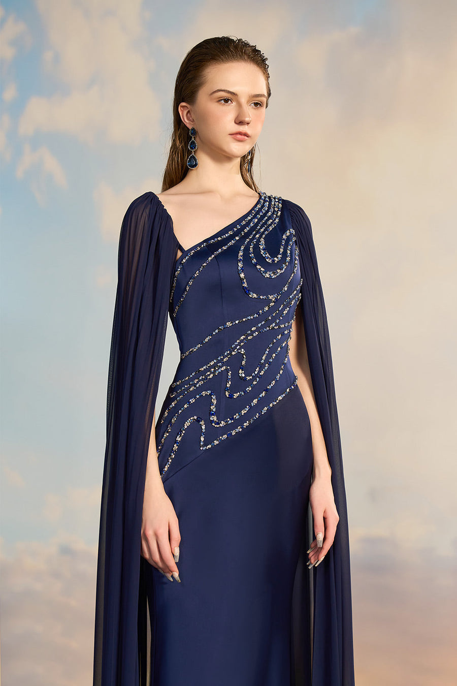 Miranda Trumpet Diagonal Neck Silk Satin Floor Length Dress Gown Dress 21Six