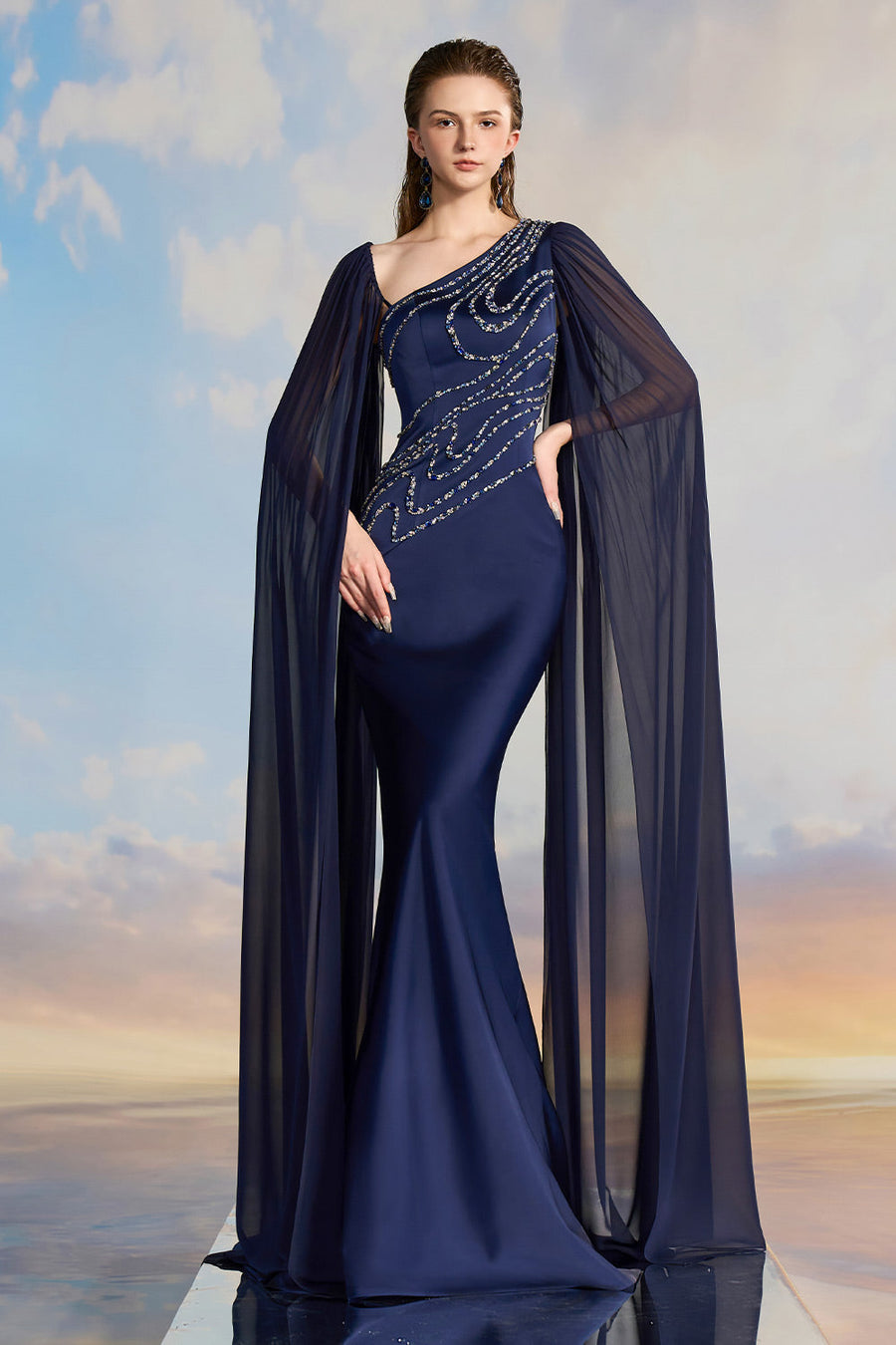 Miranda Trumpet Diagonal Neck Silk Satin Floor Length Dress Gown Dress 21Six