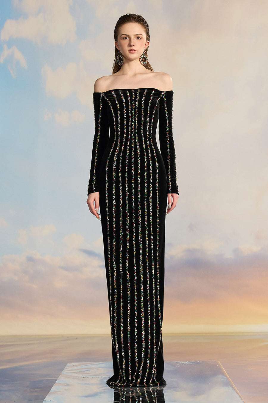 Naila Bodycon Off-Shoulder Velvet Floor Length Dress Gown Dress 21Six
