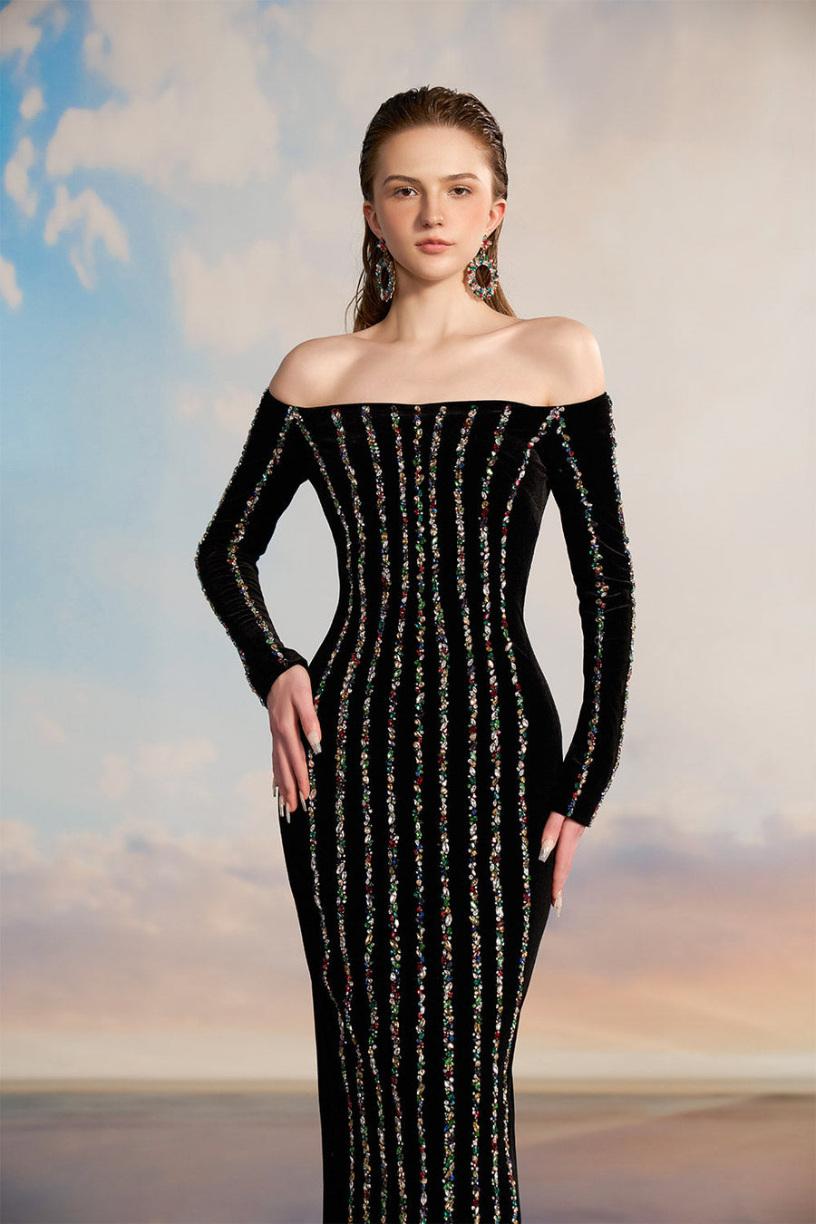 Naila Bodycon Off-Shoulder Velvet Floor Length Dress Gown Dress 21Six