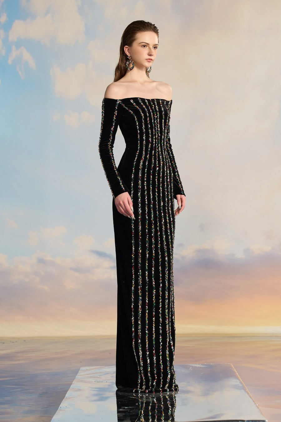 Naila Bodycon Off-Shoulder Velvet Floor Length Dress Gown Dress 21Six