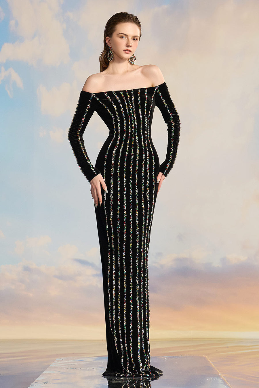 Naila Bodycon Off-Shoulder Velvet Floor Length Dress Gown Dress 21Six