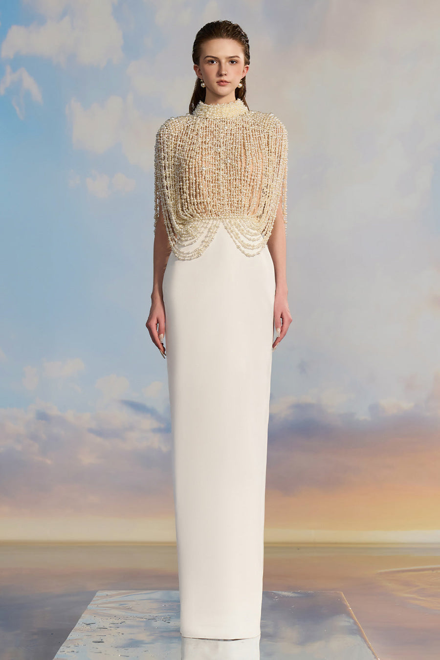 Celine Pencil Hanging Sleeved Pearl Floor Length Dress Gown Dress 21Six