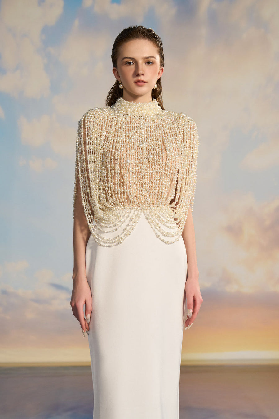 Celine Pencil Hanging Sleeved Pearl Floor Length Dress Gown Dress 21Six