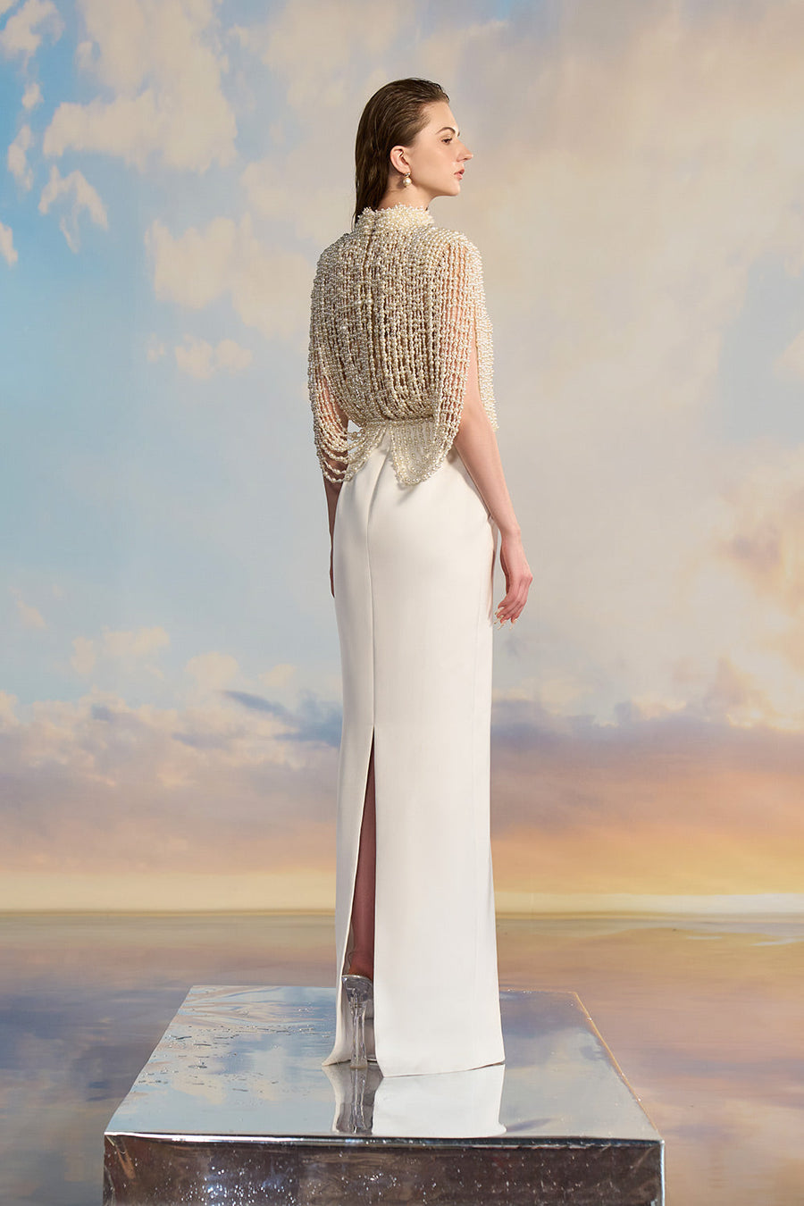 Celine Pencil Hanging Sleeved Pearl Floor Length Dress Gown Dress 21Six