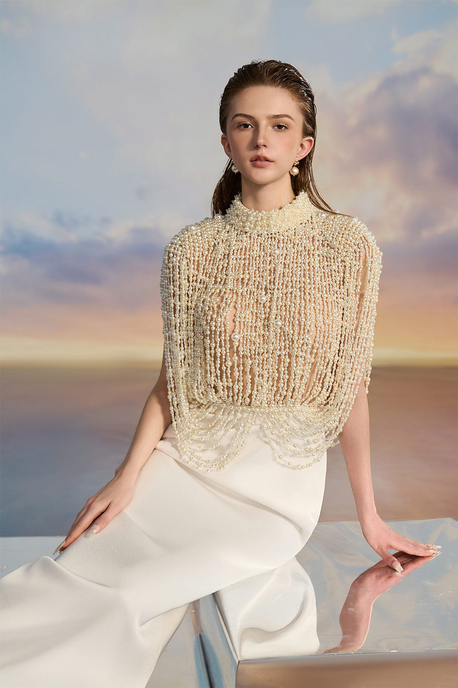 Celine Pencil Hanging Sleeved Pearl Floor Length Dress Gown Dress 21Six