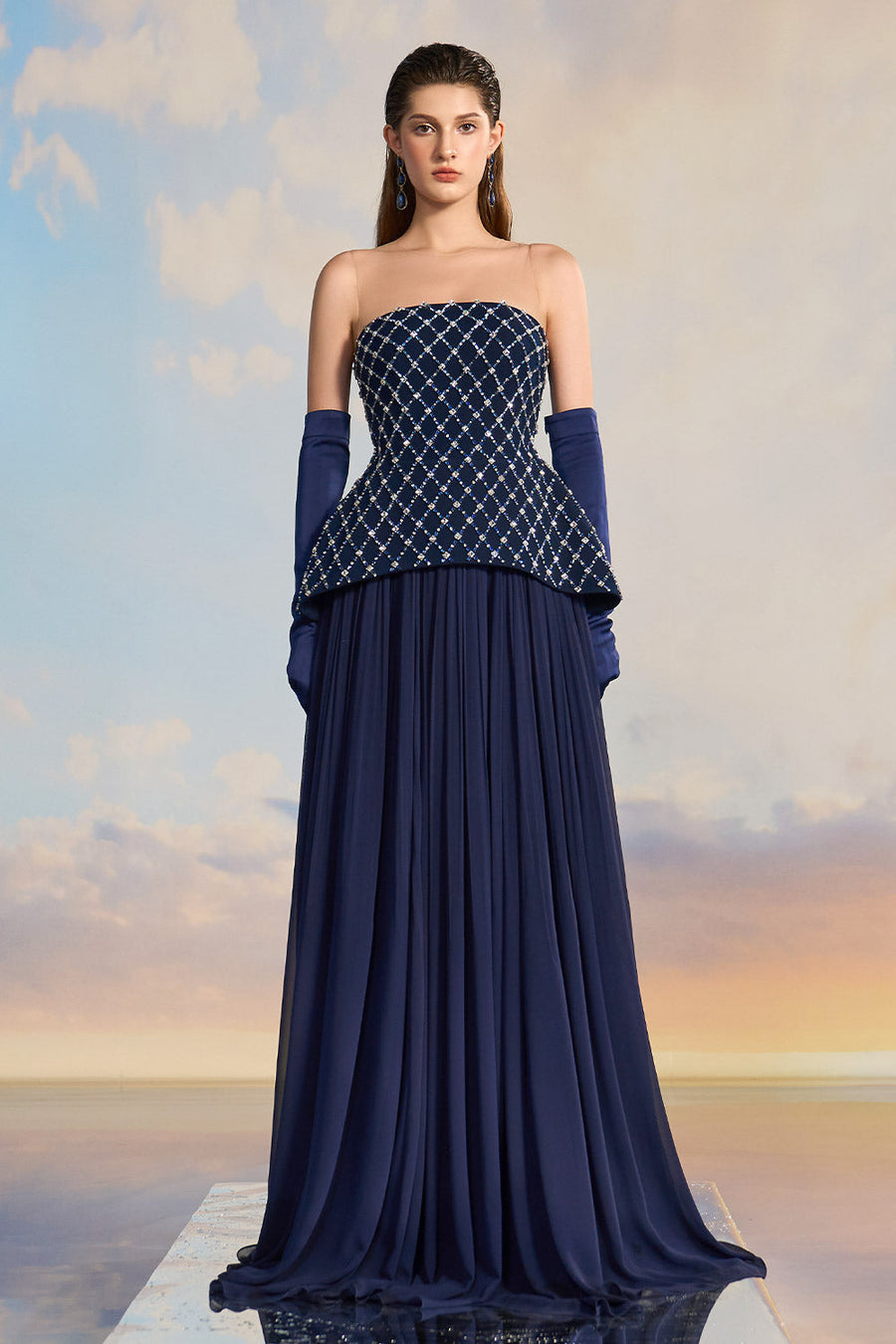 Taylor Peplum Flared Crepe Floor Length Dress Gown Dress 21Six