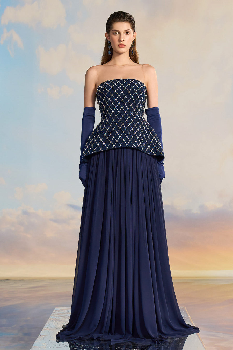Taylor Peplum Flared Crepe Floor Length Dress Gown Dress 21Six