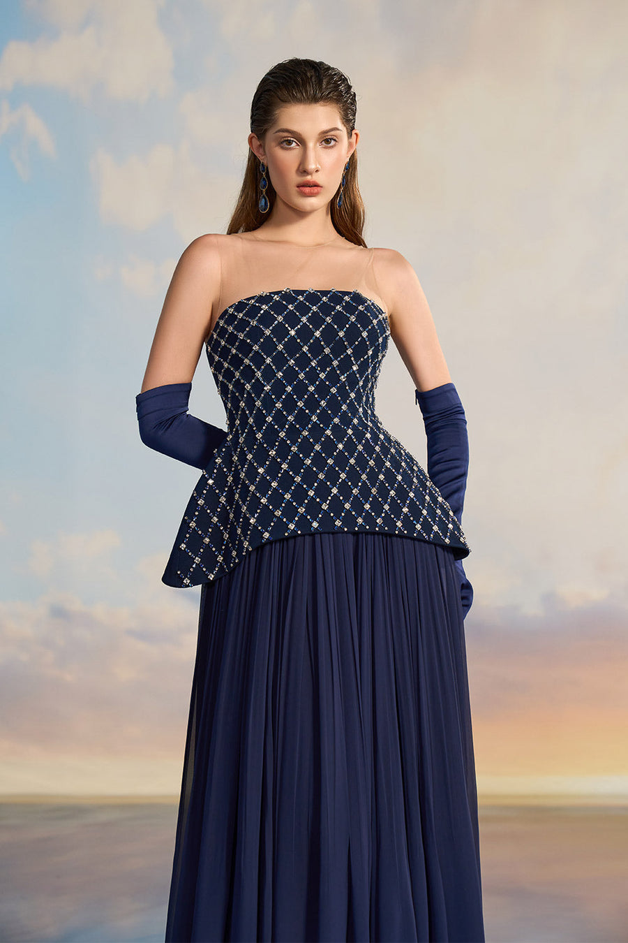 Taylor Peplum Flared Crepe Floor Length Dress Gown Dress 21Six