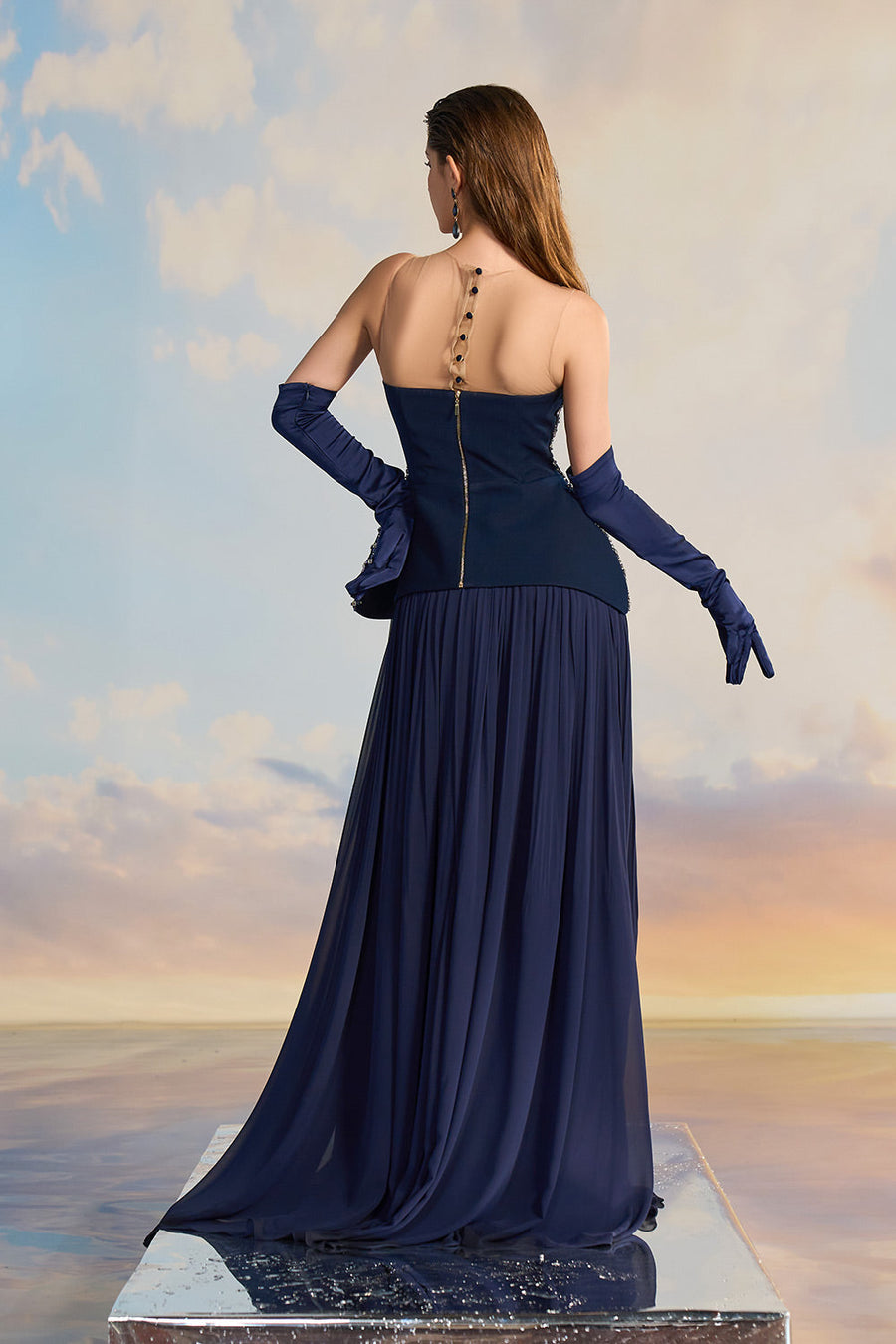 Taylor Peplum Flared Crepe Floor Length Dress Gown Dress 21Six