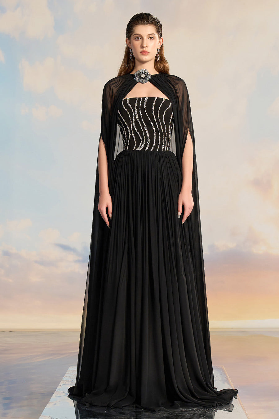 Almira Fit and Flare Cape Shoulder Chiffon Floor Length Set Gown Dress 21Six