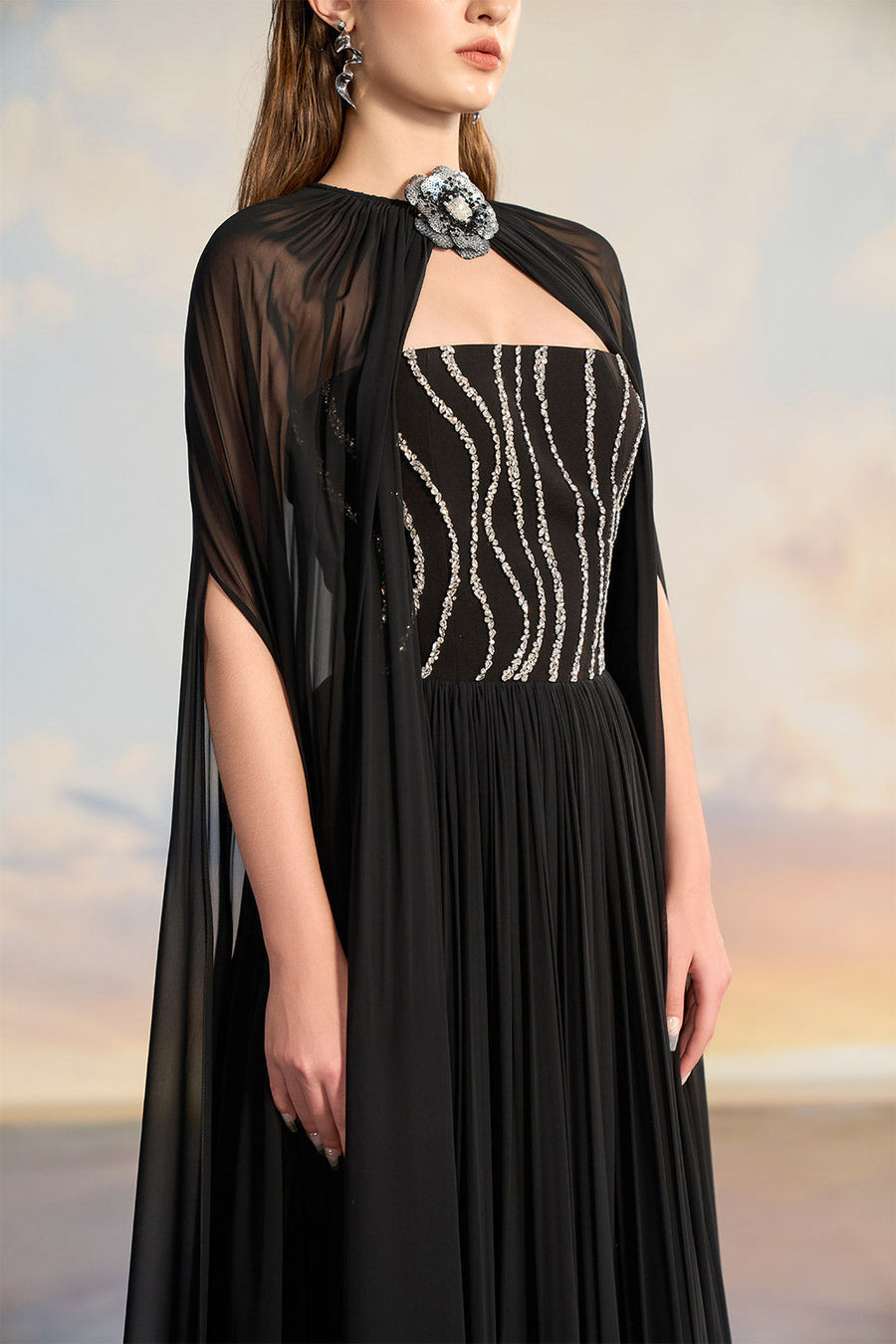 Almira Fit and Flare Cape Shoulder Chiffon Floor Length Set Gown Dress 21Six