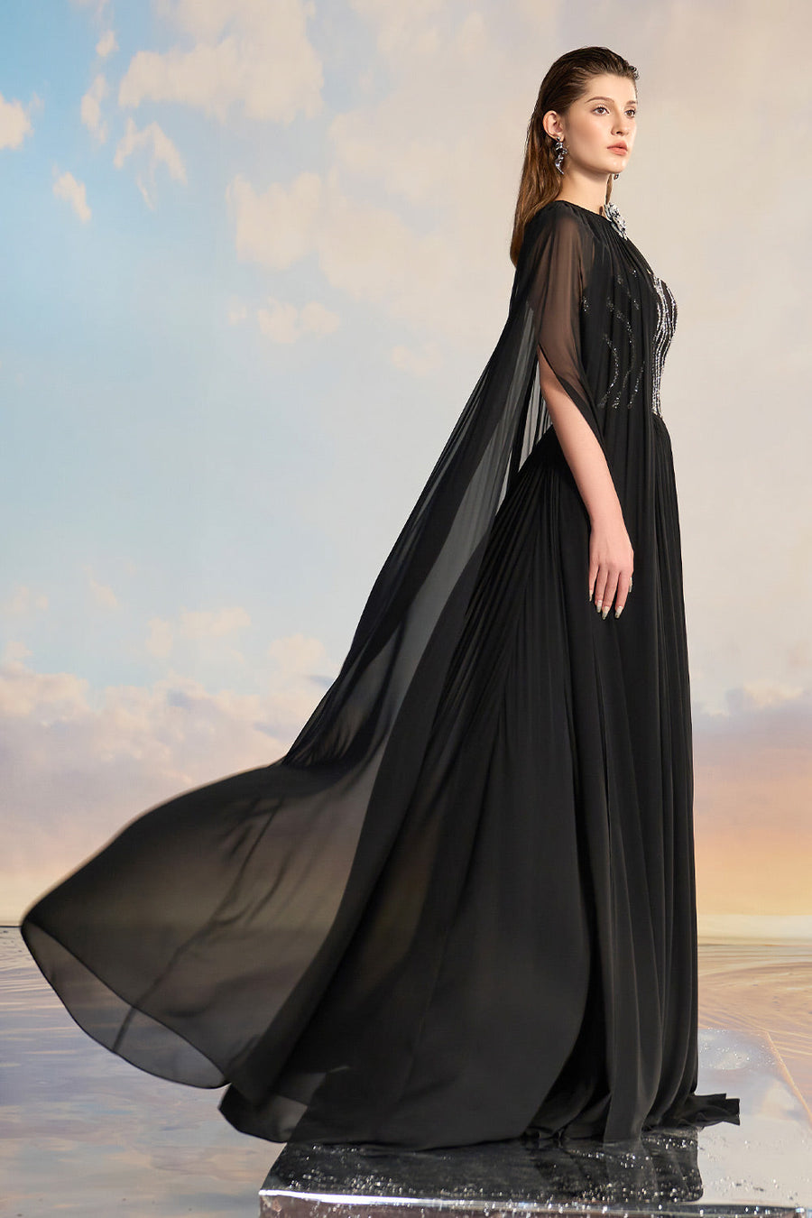 Almira Fit and Flare Cape Shoulder Chiffon Floor Length Set Gown Dress 21Six