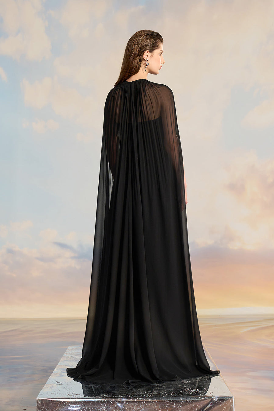 Almira Fit and Flare Cape Shoulder Chiffon Floor Length Set Gown Dress 21Six